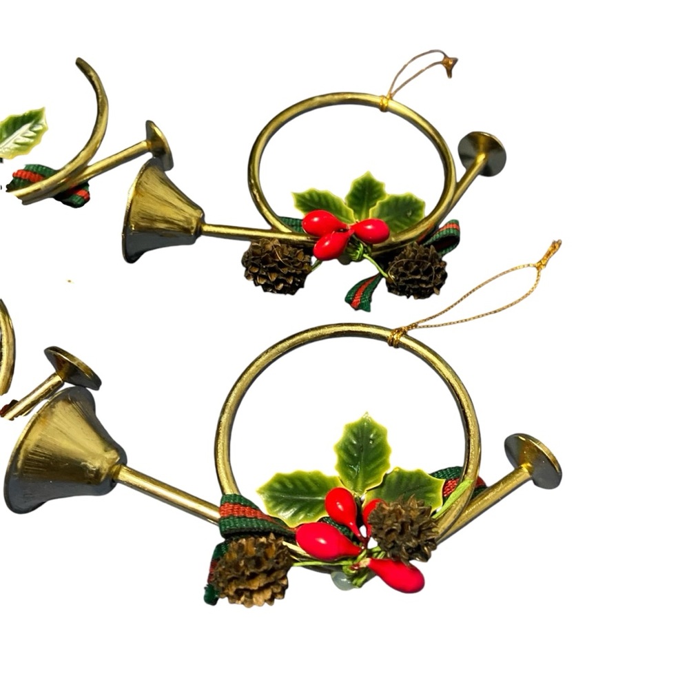 Vintage Brass French Horn Christmas Tree Ornament Ribbon Pine Cones Holly Bugles - Picture 3 of 8
